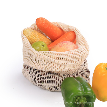 Sacs de stockage de fruits de légumes de maille de coton biologique lavable réutilisable qui respecte l&#39;environnement pour le sac à provisions de cuisine avec le cordon